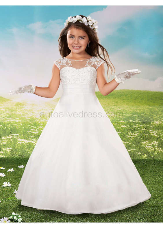 Beaded Ivory Lace Organza V Back Long Flower Girl Dress